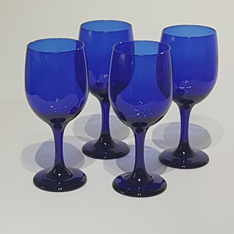 Coloured Wine Glasses, Blue Stemware, Cobalt Glassware, Blue Drinking Glasses, Restaurant Graphics, Colored Wine Glasses, Blue Wine Glasses, Kitchen Shelf Decor, Cobalt Glass