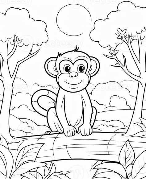 a coloring page of a monkey sitting on a log in the jungle. generative ai. Monkey Sitting, A Coloring Page, A Monkey, In The Jungle, A Log, Coloring Page, Coloring Pages, Vector Free, Log In