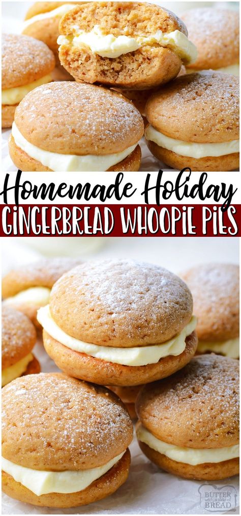 Gingerbread whoopie pies are soft, spiced gingerbread cookies with a lovely cream cheese filling. Perfect gingerbread treat for the holidays! #gingerbread #whoopiepie #dessert #holiday #baking #easyrecipe Gingerbread Whoopie Pies, Whoopee Pie, Whoopi Pies, Dessert Holiday, Gingerbread Recipes, Whoopie Pie Recipe, Frosting Recipes Easy, Xmas Baking, Whoopie Pie