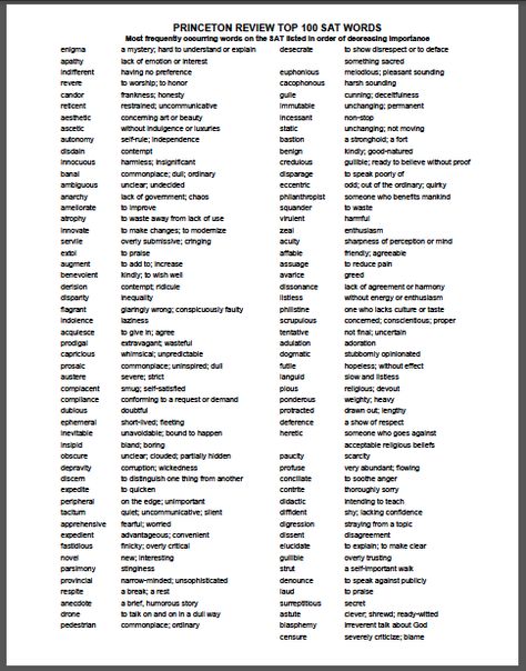 I have been quizzing my son with the Princeton 100 this summer and will use it in my class in the fall. Great list of SAT vocabulary words! High School Vocabulary, Sat Vocabulary, Teach Vocabulary, Act Prep, Sat Prep, College Scholarships, Teaching Vocabulary, School List, Vocabulary List