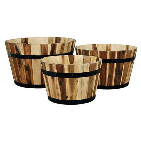 Wood Barrel Planters, Wood Flower Box, Whiskey Barrel Planter, Wooden Flower Boxes, Round Planters, Wood Bucket, Growing Ginger, Bucket Planters, Wood Barrel