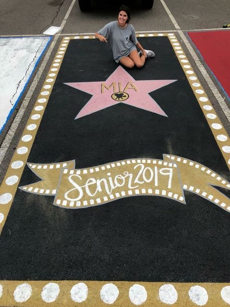 Senior parking spot. Hollywood walk of fame. Highschool Parking Spot Ideas, Senior Boards, Painted Parking Spaces Ideas, Parking Lot Painting, Senior Year Things, Senior Year Fun, Senior Year Pictures, Senior Parking Spot, Parking Spot Painting