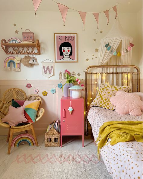 Blush pink panelling with colourful accents girls bedroom~ mustard made locker bedside cabby, petal chair and colourful cushions. Garlands by Velveteen Babies. #kidsroom #girlsbedroom #girlsbedroomideas #kidsroomdecor Pink Toddler Bedroom, Daisy Garland, Kids Rooms Inspo, Sparkle Fabric, Toddler Bedroom Girl, Big Girl Bedrooms, Toddler Girl Room, Toddler Room Decor, Kids Bedroom Inspiration