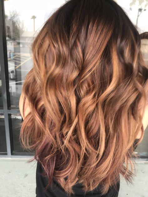 Spiced cinnamon, rich chocolate, color melted into balayage of of honey blondes Cinnamon Hair Color With Highlights, Cinnamon Hair Color, Cinnamon Brown Hair Color, Hair Color With Highlights, Cinnamon Balayage, Cinnamon Brown Hair, Color With Highlights, Blond Rose, Cinnamon Hair Colors