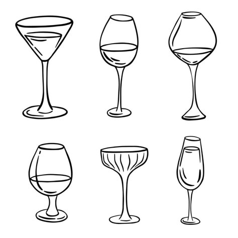 Different glasses hand draw line art. Wine, champagne, cognac and other drinks. Beverage icons for restaurant, menus and printing. Vector cartoon illustration isolated on the white background. Drinks Line Art, One Line Wine Glass Drawing, How To Draw A Wine Glass Easy, Wine Glass Drawing Simple, Drink Drawing Easy, Glass Of Wine Drawing, Wine Glass Doodle, Wine Glass Outline, Beverage Drawing