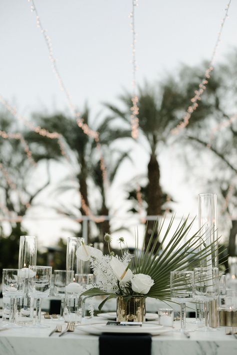 White Gold Green Wedding, Gold Green Wedding, Rose Gold Cutlery, Aruba Weddings, Marble Cake Stand, Beach Wedding White, Palm Wedding, Destination Wedding Decor, Black And White Beach