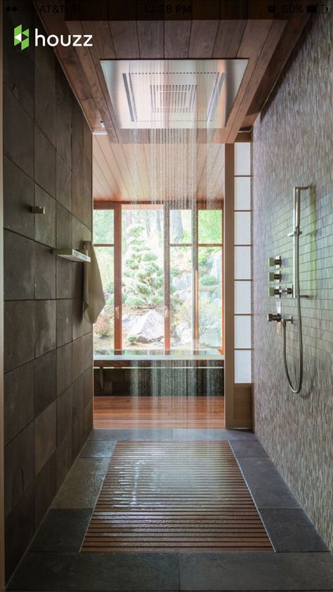 Really love this open shower with huge rain shower head, as well as the mix of stone/slate, bamboo and tile - if we can create anything close to this feeling I would be ecstatic Bathroom Shower Design, Victorian Bathroom, Bathroom Trends, Bad Design, Dream Bathrooms, Design Del Prodotto, Safe Haven, Cool Ideas, House Bathroom