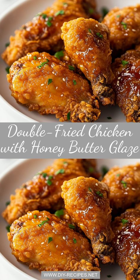 Double-fried for extra crunch, this honey butter chicken is crispy, sweet, and full of flavor. A must-try for fried chicken lovers! Double Fry Chicken Wings, Fried Dinner Ideas, Black People Fried Chicken, Honey Fried Chicken Recipe, Fried Chicken Oven, Double Fried Chicken, Popeyes Spicy Chicken Recipe, Honey Butter Glaze, Honey Butter Fried Chicken