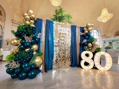 Happy Retirement Decorations, Balloon Marquee, 80th Birthday Party Decorations, Black And Gold Party Decorations, Event Decor Ideas, Party Decorations Table, Shimmer Wall Backdrop, 80th Birthday Decorations, Sequin Wall