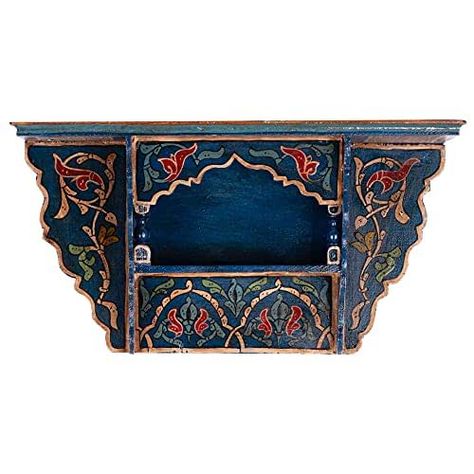 HibArt Moroccan Wooden Floating Shelves - Hand painted Zouak Style Arabic Hanging Wall Shelf (Small, Blue Vintage) Blue Pallets, Painting Shelves, Hanging Wall Shelf, Shelf Door, Small Wall Shelf, Driftwood Shelf, Oil Shelf, Essential Oil Shelf, Wooden Spice Rack