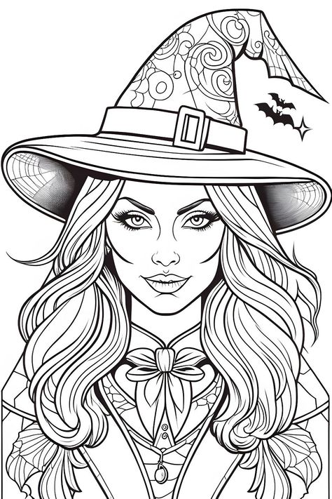 A rather beautiful witch, ready to cast a spell on you. Coloring page. Line drawing. Witch Drawings Sketches, Witch Drawing Sketch, Witch Colouring Pages, Witchcraft Coloring Pages, Witch Art Drawing, Witches Coloring Pages, Witchy Coloring Pages, Mysterious Portrait, Witch Coloring Page