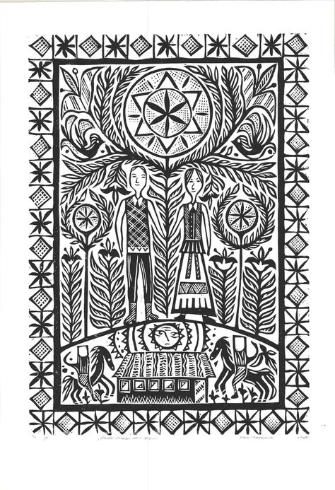 Original Linocut Print centennial Lithuania by | Etsy Lithuanian Folk Art, Linocut Artists, Woodcut Illustration, Lino Art, Art Deco Illustration, Folk Festival, Black And White Tree, Stamp Printing, Lino Print