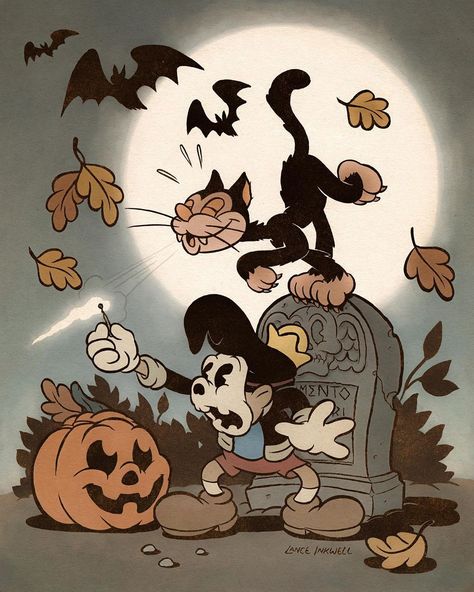 Lance Inkwell on Instagram: “Gordie and his black magic cat, Houdini! I had fun playing around with colors on this one! #niteland #nitelandcomic #gordie #houdini…” 1930s Rubberhose Style, Halloween Vintage Cartoon, 1920s Cartoons, Rubber Hose Halloween, Craig Gleason, Lance Inkwell, Rubber Hose Animation, Shawn Dickinson, Vintage Halloween Cat Illustration