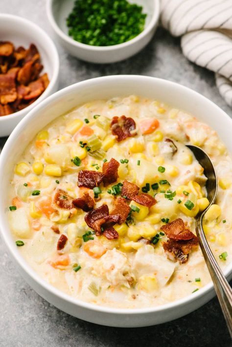 Leftover Turkey Corn Chowder - Our Salty Kitchen Turkey Corn Chowder, Bacon Corn Chowder, Bacon Corn, Bacon Chowder, Shredded Turkey, Turkey Broth, Healthy Turkey, Stuffed Poblano Peppers, Turkey Bacon