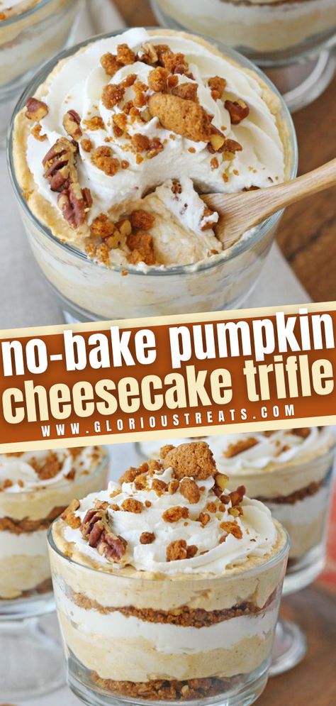 Pumpkin Cheesecake Trifle, Triffle Recipe, Pumpkin Cheesecake Filling, Trifle Bowl Recipes, Pumpkin Trifle, Canned Pumpkin Recipes, Cheesecake Trifle, Cookie Crumble, No Bake Pumpkin Cheesecake