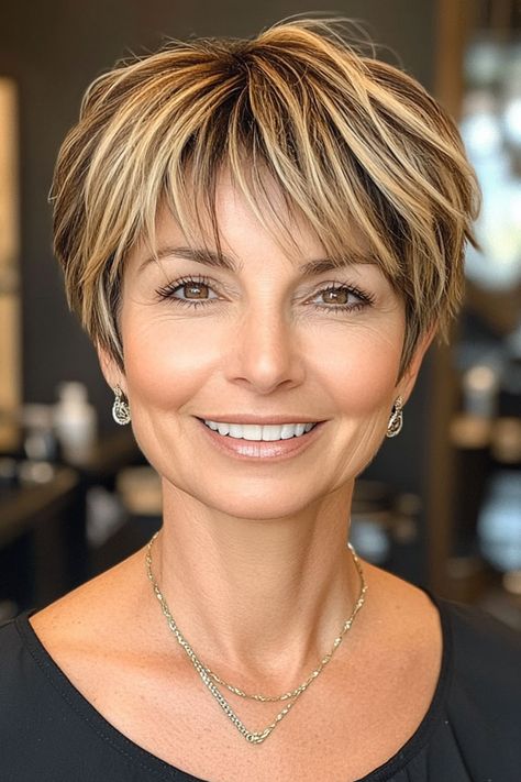 Pixie Cut Blonde Highlights, Warm Blonde Highlights Short Hair, Blonde Highlights Short Hair, Pixie Cut With Highlights, Pixie Hair Color, Purple Brown Hair, Layered Pixie Cut, Warm Blonde Highlights, Layered Haircuts For Women