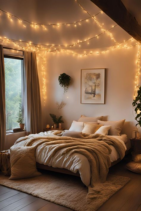 Bedroom transformed with hanging string lights, offering a modern and cozy feel with fairy lights above the bed and ceiling for a decorative and relaxing atmosphere. String Lights Above Bed, String Lights Bedroom Ceiling, Fairy Lights In Room, Fairy Lights Above Bed, Fairy Light Room Decor, Fairy Lights Bedroom Ceiling, Globe String Lights Bedroom, Bedroom Lights Aesthetic, String Lights In Bedroom