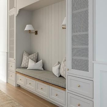 Mudroom Bench With Window, Butler Pantry Door, Gray Mudroom, Victorian Laundry, Coastal Victorian, Dark Stained Wood Floors, Shiplap Trim, Light Stained Wood, Grey Storage Bench