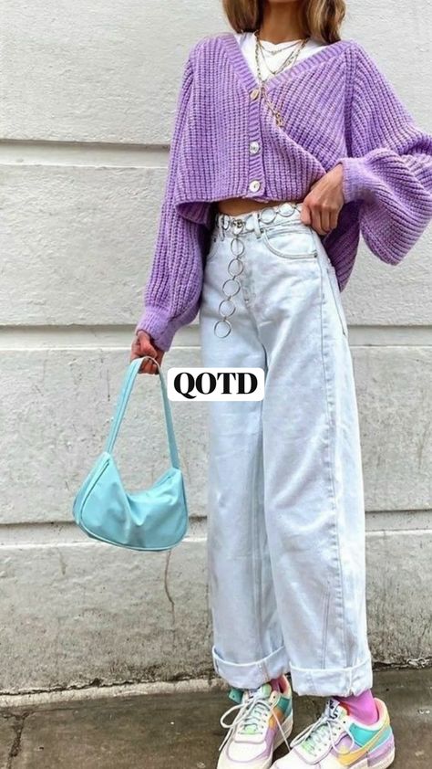 Chic Clothing Aesthetic, Purple Cardigan Aesthetic, Purple Themed Outfits, Cute Cardigan Outfits Aesthetic, Cute February Outfits, Purple Casual Outfit, Outfit Ideas White Pants, White Pants Outfit Aesthetic, Purple Outfits Aesthetic