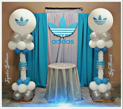 Adidas Party Decorations, Adidas Birthday Party Ideas, Adidas Party Theme Ideas, Corporate Colors, Unique Birthday Ideas, 40th Bday Ideas, 80s Birthday Parties, Oscar Night, Balloon Arrangements