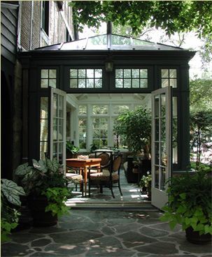 love the "beams" in the walls- gives it character. Also love how the doors open onto patio!! Someday!!! Conservatory Kitchen Ideas, Conservatory Kitchen, Conservatory Design, Glass Extension, Enclosed Patio, Glass House, Outdoor Rooms, Design Case, Garden Room