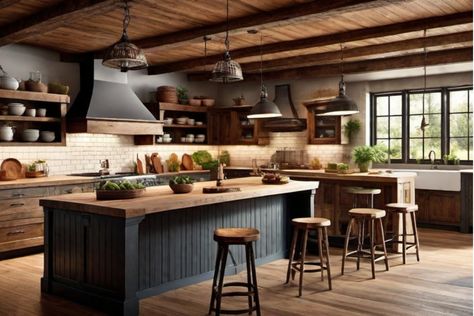 Rustic kitchen with wooden cabinetry, exposed beams, and a large island with bar stools. Old Farmhouse Kitchen Rustic, Rustic Kitchen Layout, Rustic Lodge Kitchen, Rustic Kitchen Island Ideas, Kitchen Cabinets Design Layout, Backsplash Options, Farmhouse Kitchen Rustic, Rustic Kitchen Backsplash, Old Farmhouse Kitchen