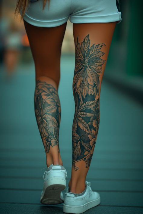 Hawaiian Leg Sleeve Tattoo, Hawaiian Leg Sleeve, Inside Leg Tattoos Women, Leafy Floral Sleeve Tattoo, Back Leg Tattoos Women Calves, Inside Leg Tattoo, Knee Cover Up Tattoo, Jungle Leg Sleeve, Leg Cover Up Tattoos For Women