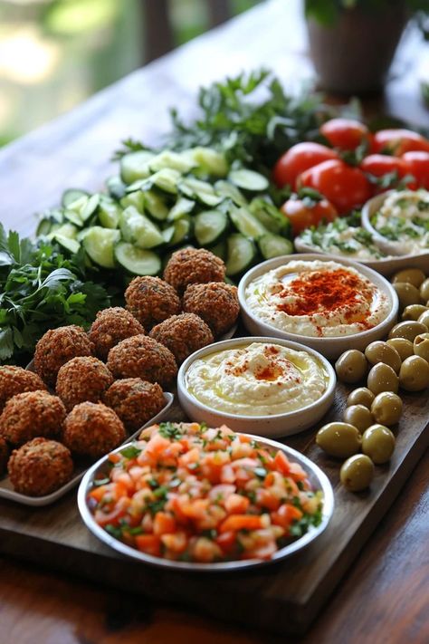 Vegan Mediterranean Mezze Platter with Hummus, Baba Ganoush, and Falafel - The Vegan & Plant Based Kitchen Mediterranean Mezze, Mezze Platter, Vegan Mediterranean, Vegan Feta Cheese, Tabbouleh Salad, Marinated Mushrooms, Quick Easy Vegan, Baba Ganoush, Pickled Vegetables