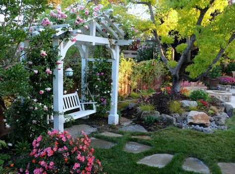 Garden Decks, New Patio Ideas, Patio Pictures, Gravel Landscaping, Backyard Swings, Stone Landscaping, Pergola Swing, Outdoor Remodel, Garden Arbor