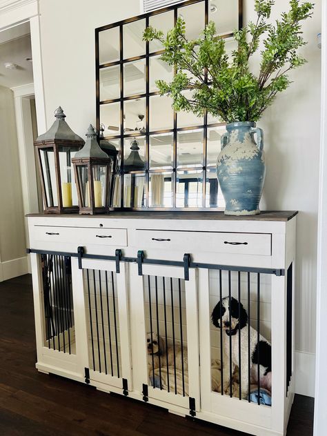 Luxury Dog Crate Furniture - Double Den w/Sliding Barn Doors & Storage Drawers Tv Stand Dog Kennel, Double Dog Crate Furniture, Wood Dog Kennel, Double Dog Crate, Dog Den, Furniture With Storage, Dog Crate Cover, Dog Kennel Furniture, Barn Storage