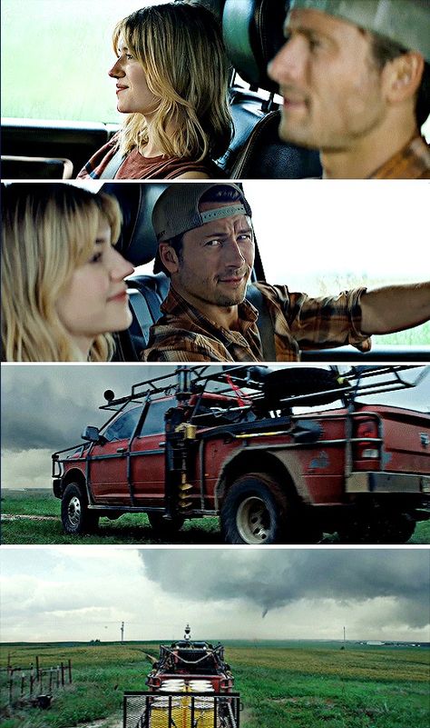 Tyler: All right, let’s harness up.
Kate: Uh, we’re just gonna drop the trailer in its path, right?
Tyler: I’ll tell you later. 

Kate: Shit. Well, you don’t have to drive into it. It’s really dangerous.
Tyler: Oh, that’s why we have to drive into it. Can’t miss from in there.
Kate: Oh, shit.
Tyler: Now, look, this thing’s rated for EF1s, okay?
Kate: Oh, shit.
Tyler: We got extra weight on the chassis. We got anchoring down two feet. Don’t worry. I’m a professional.
Kate: You’re an asshole. Twisters Tyler Owens, Kate And Tyler Twisters, Tess Owens And Ryan Langley, Tyler And Kate Twisters, Twisters Movie 2024 Glen Powell, Twisters 2024, Twister Movie, Tyler Owens, Twister The Movie