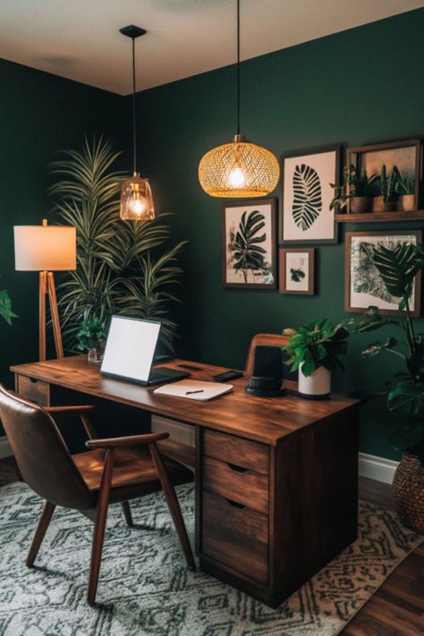 A stylish Home Office Dark setup featuring a Deep Green Study Room combines Moody Office Ideas with warm wood tones and botanical wall art, making it a perfect example of a Small Moody Office or Dark Modern Office for a sophisticated workspace. Green Study Room, Relaxing Office Space Ideas, Moody Office Ideas, Small Moody Office, Grand Office, Dark Home Office, Green Study, Relaxing Office, Moody Office