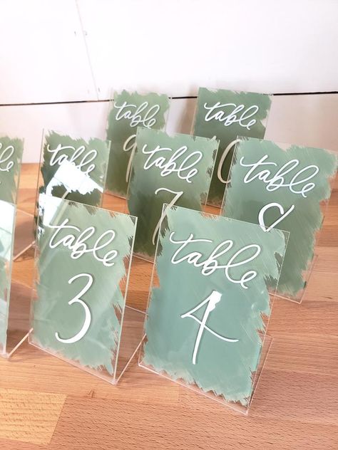 Table Numbers Acrylic, Sage Green Wedding Theme, Reception Table Numbers, Plexiglass Table, Place Markers, Table Number Signs, Diy Table Numbers, Acrylic Wedding Signs, Green Wedding Theme