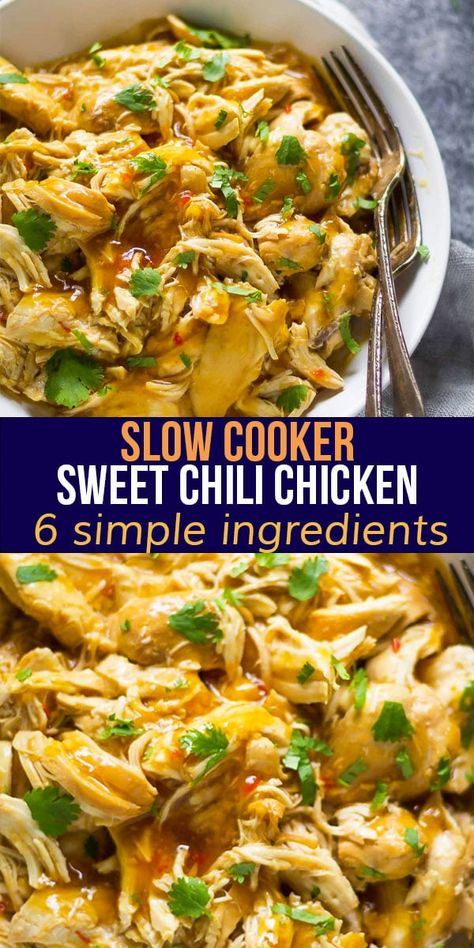 Fall apart tender, juicy, and loaded with flavor, this slow cooker sweet chili chicken requires just 6 ingredients! Perfect to use in quesadillas, rice bowls, tacos and more. #sweetpeasandsaffron #slowcooker #chicken #mealprep #freezer #glutenfree #kidfriendly Sweet Chili Chicken Tacos, Slow Cooker Sweet Chili Chicken, Sweet Chili Chicken Crockpot, Chicken Breast Slow Cooker Recipes, Fall Crockpot, Sweet Chilli Chicken, Chicken Chili Crockpot, Sweet Chili Chicken, Crockpot Chicken Breast