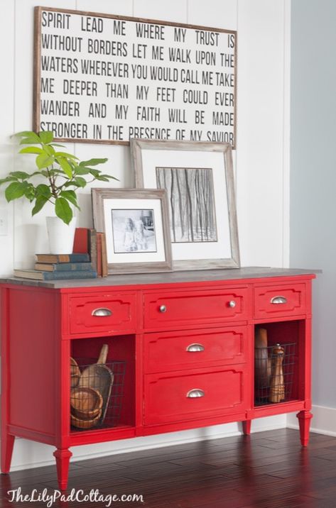 Lily Pad Cottage, Red Buffet, Lilypad Cottage, Red Dresser, Furniture Repurposing, Painted Buffet, Entry Ways, Dining Room Wall Art, Pine Furniture