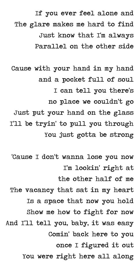 MIRROR Justin Timberlake - If u ever feel alone Just know that I'm always parallel on the other side Cause with ur hand in my hand & a pocket full of soul I'll be tryin' to pull you through U just gotta b strong 'Cause I dnt wanna lose u now I'm lookin' right at the other half of me The vacancy that sat in my heart Is a space that now u hold Show me how to fight for now & I'll tell u, baby, it was easy Comin' bck here to u once I figured it out U right here all along Mirrors Justin Timberlake Aesthetic, Justin Timberlake Mirrors, Justin Timberlake Lyrics, Mirrors Lyrics, Mirror Justin Timberlake, Baby Boy Room Nursery, James Patterson, Soul Quotes, Marriage Quotes