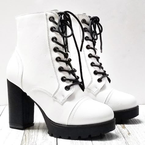 Step Out In These Stylish Block Heel Platform Combat Boots New In Box Faux Leatherette Material Adjustable Lace Side Zipper For Easy Shoe Removal Lightly Padded Insole Heel Height: 3.75 In. Boot Shaft: 5 In. Fitting: True To Size. Regular Width. Vintage White Boots, Cute Shoes White, White And Black Boots, Heal Boots, Cute Shoes Boots, White Platform Boots, Black And White Boots, Heeled Combat Boots, White Combat Boots