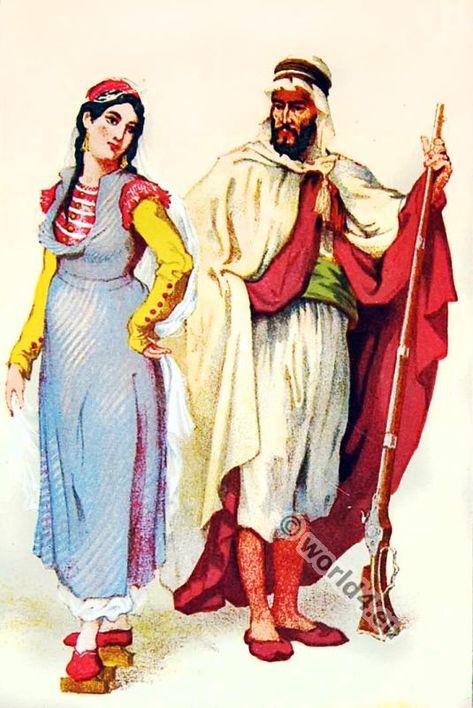 Traditional Georgia and Arab costumes. 19th century. Traditional costumes from Georgia and Arabia. A Georgian girl in traditional dress. A Bedouin in Burnus with gun. From the book: Les Races Humaines… Read More Georgian Girl, Georgian Clothing, Native Dress, Traditional Dress, Fashion History, Manners, Traditional Dresses, Middle East, Egypt