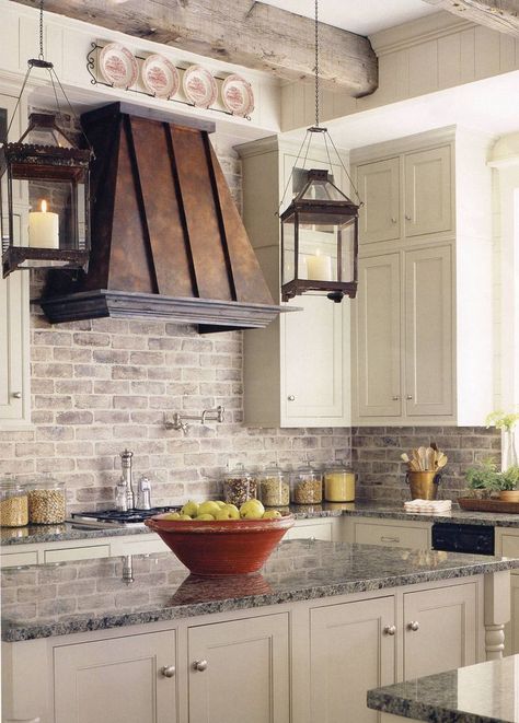 Kitchen - White washed brick backsplash + metal hood + hurricane pendants + marble just… Stile Joanna Gaines, Fancy Farmhouse, Backsplash Decor, Dapur Rustic, Brick Backsplash Kitchen, Kitchen Illustration, Farmhouse Kitchen Backsplash, Shelves Kitchen, Kabinet Dapur