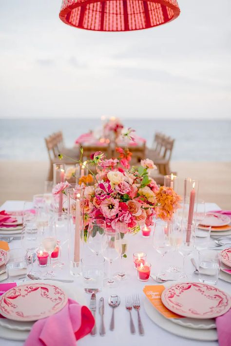 Spring Event Ideas, Sunset Wedding Colors, Orange Wedding Decorations, Orange And Pink Wedding, Cabo Wedding, Cabo Weddings, Bright Wedding, Sunset Wedding, Wedding Theme Colors