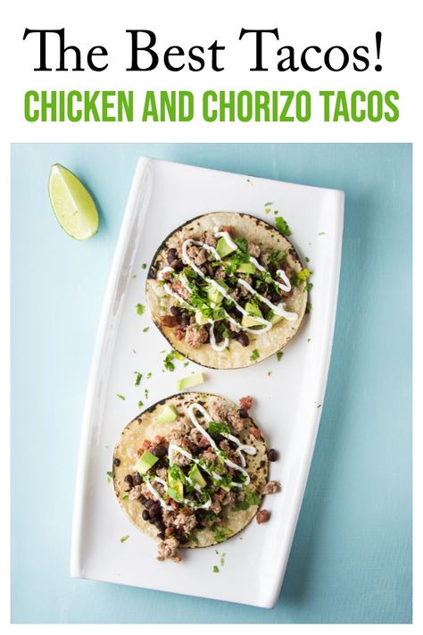 Chicken and Chorizo Tacos - these are the best tacos!!  Ground chicken and chorizo make an amazing combination.  Everyone loves these! Taco Recipes Healthy, Beef Taco Recipes, Easy Tacos, Healthy Taco Recipes, Chorizo Tacos, Healthy Pork Recipes, Donna Hay Recipes, Chicken And Chorizo, Zesty Chicken