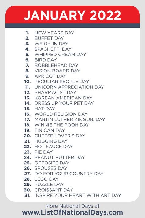 A printable list of national days for January 2022 2023 National Days, January National Days, National Days In January, List Of National Days, National Celebration Days, Monthly Holidays, National Holiday Calendar, Silly Holidays, Life Planner Organization