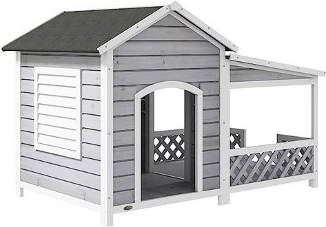 PawHut Wooden Dog House Outdoor with Porch, Cabin Style Raised Dog Shelter with Asphalt Roof, Doors, and Shutter Window, for Medium Large Sized Dog, Light Gray House With Front Porch, Porch Shelter, Dog House With Porch, Dog House Outdoor, Outside Dog Houses, Big Dog House, Patio Upgrade, Wood Dog House, Dog Shelter