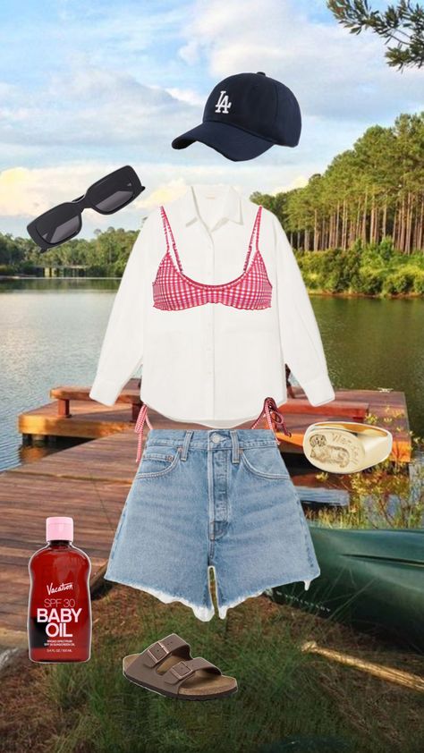 lake day, lake fit, summer outfit, bikini outfit, women’s casual outfit, women’s summer outfit, red gingham bikini Lake Outfits, Lake Outfit Summer, Casual Outfit Women, Lake Outfit, Lake Day, Outfit Red, Summer Lake, Fit Summer, Red Gingham