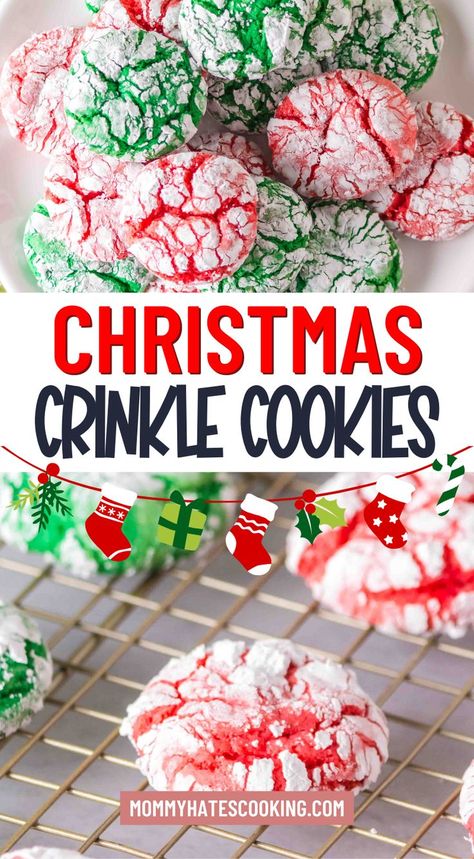 christmas crinkle cookies with cake mix Cake Mix Cookies Christmas, Best Cake Mix Cookies, Crinkle Cookies Cake Mix, Cookies With Cake Mix, Christmas Crinkle Cookies, Powdered Sugar Cookies, Holiday Deserts, Best Cake Mix, Crackle Cookies