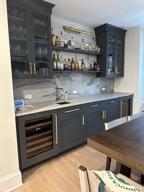 Wet Bar Kitchenette, Navy Blue Cabinets Wet Bar, Basement Remodel Wet Bar, Bar With Floating Shelves Shelf Ideas, Moody Wet Bar Ideas, Living Room Wet Bar Ideas, Dining Room Wet Bar Ideas, Basement Bar Kitchenette, Built In Basement Bar