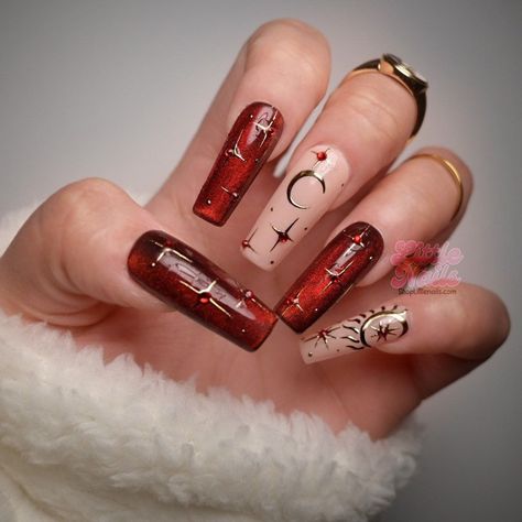 Nails 2024 Red Celestial Nails, Red Witchy Nails, Scarlet Witch Nails, Scorpio Nail Art, Tarot Card Nails, Dark Valentines Day Nails, Witches Nails, Moon And Stars Nails, Yule Nails