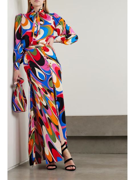 Monogram Border, Aw 2024, Pucci Vintage, Pucci Print, Crepe Blouse, Funky Outfits, Ruffled Neckline, Stretch Crepe, Puffed Sleeves