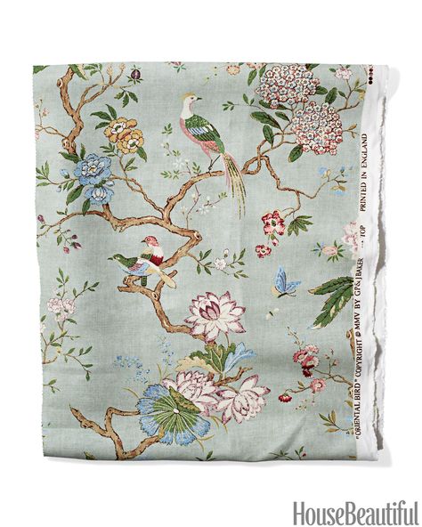 By GP & J Baker. Linen in Eau De Nil. leejofa.com.   - HouseBeautiful.com Curtain Fabric Ideas, Chinoiserie Fabric, Chinese Fabric, Floral Upholstery Fabric, Chintz Fabric, Floral Upholstery, Chinoiserie Wallpaper, Chinoiserie Chic, Birds And Flowers