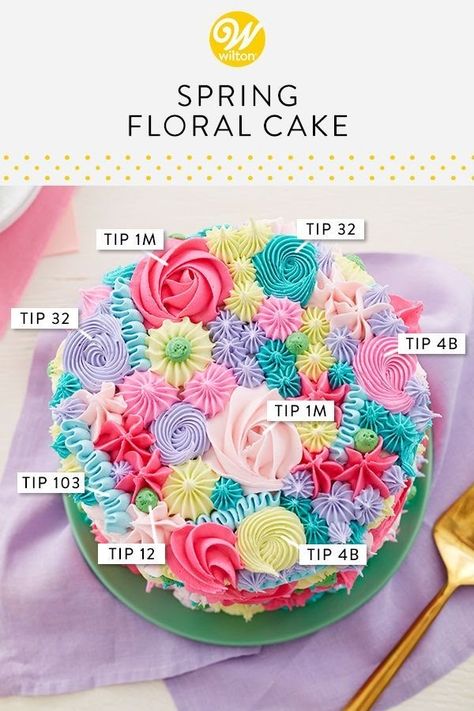 Spring Floral Cake, Bright Spring Colors, Spring Baking, Cake Piping, Piping Techniques, Spring Cake, Cake Decorating Piping, Mothers Day Cake, Cake Decorating Frosting